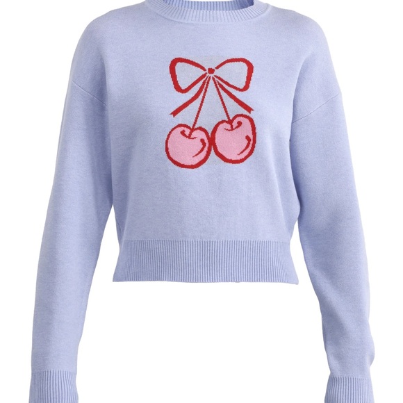 No Boundaries Baby Blue Sweater with Red Cherry Design - Picture 2 of 10